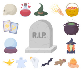 cartoon and white magic cartoon icons in set collection for design. Attributes and sorceress accessories vector symbol stock web illustration.