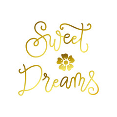 Modern calligraphy lettering of Sweet dreams in golden isolated on white background for decoration, poster, banner, greeting card,postcard, advertising,holidays,valentine, valentines day