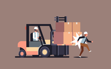 forklift driver hitting colleague factory accident concept warehouse logistic transport driver dangerous injured worker horizontal