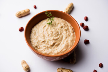 Healthy Peanut chutney made using Groundnut / Shengdana or mungfali. served in a small bowl with...