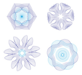 Vector guilloche rosette set in blue and ulyramarine colors. Symbol for document protection in bank, diploma, award, money, voucher, check design