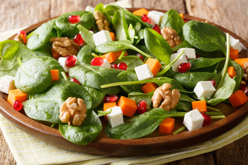 organic salad with pumpkin, fresh spinach, goat cheese, walnuts and pomegranate seeds closeup on a plate. horizontal