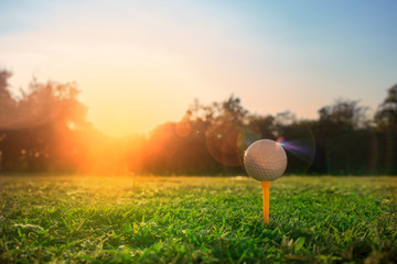 Golf ball is on the tee in a beautiful golf course ready to play golf.Green grass with sunshine in the morning makes it fresh.Sports for good health.It is popular with people around the world.