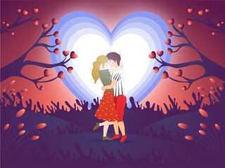 Cute couple in love full moon night background. Valentine's Day concept.