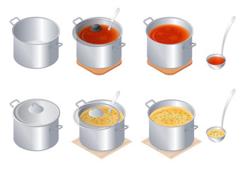 The saucepan set. Flat isometric illustration of empty stewpan, pan with glass lid, saucepan and ladle with soup, pottage and bouillon. Vector kitchen and cooking concept isolated on white background.