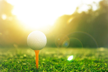 Golf ball is on the tee in a beautiful golf course ready to play golf.Green grass with sunshine in the morning makes it fresh.Sports for good health.It is popular with people around the world.