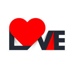 Love text with red heart shape.