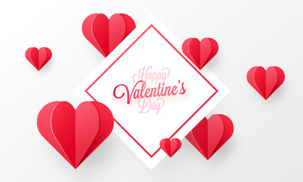 Happy valentine's day background with red paper heart shapes.