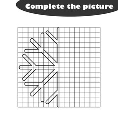 Complete the picture, black white cartoon snowflake, drawing skills training, educational game for the development of children, kids preschool activity, printable worksheet, vector illustration