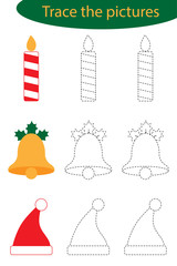 Fototapeta premium Handwriting practice sheet, christmas, trace the pictures - candle, bell, santa hat, kids preschool activity, educational children game, printable worksheet, writing training, vector illustration
