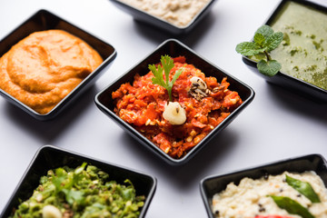 Group of Indian Chutneys includes coconut, Peanut, green and red chilly, garlic and pudina served in small square shape bowls. selective focus