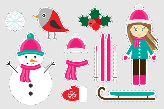 Different colorful winter christmas pictures for children, fun education game for kids, preschool activity, set of stickers, vector illustration