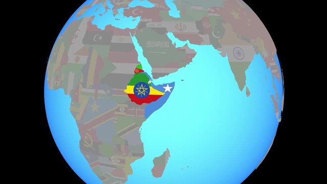 Closing in on Horn of Africa with national flags on blue political globe. 3D illustration.