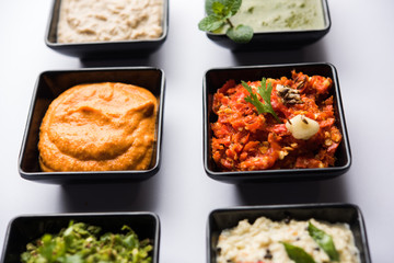 Group of Indian Chutneys includes coconut, Peanut, green and red chilly, garlic and pudina served in small square shape bowls. selective focus