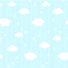 White thin stripes on the blue sky seamless background, white cloud, swallow design element for web, for print, wallpaper background, wrapping paper