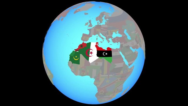 Closing in on Maghreb region with national flags on blue political globe. 3D illustration.