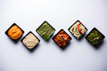 Group of Indian Chutneys includes coconut, Peanut, green and red chilly, garlic and pudina served in small square shape bowls. selective focus