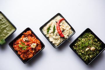 Group of Indian Chutneys includes coconut, Peanut, green and red chilly, garlic and pudina served in small square shape bowls. selective focus