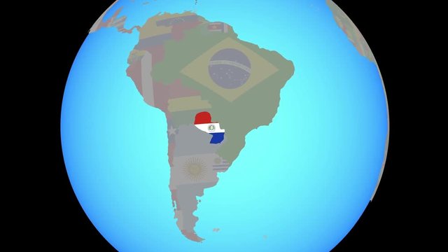 Closing in on Paraguay with national flag on blue political globe. 3D illustration.