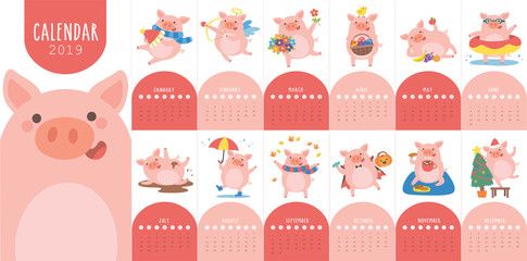 Calendar 2019 with cute pig in different situations. Symbol of the year in the Chinese 2019. Week starts on monday. Vector illustration