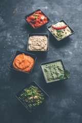 Group of Indian Chutneys includes coconut, Peanut, green and red chilly, garlic and pudina served in small square shape bowls. selective focus