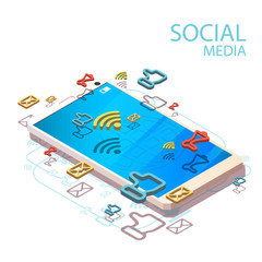 Vector isometric concept with mobile phone. Social media icon.
