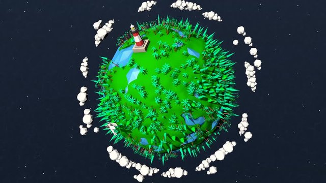 Low poly pixel planet with trees, oceans, palm trees, plane, lighthouse