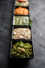 Group of Indian Chutneys includes coconut, Peanut, green and red chilly, garlic and pudina served in small square shape bowls. selective focus