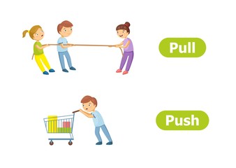 Vector antonyms and opposites. Cartoon characters illustration on white background. Card for teaching aid, for a foreign language learning. Pull and Push.