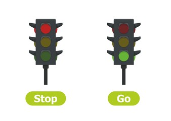 Vector antonyms and opposites. Stop and Go. Illustrations on white background. Card for teaching aid, for a foreign language learning.