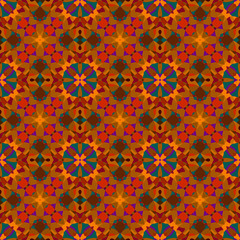 Seamless square bright pattern from geometrical abstract ornaments multicolored in red, orange and green shades. Vector illustration. Suitable for fabric, wallpaper or wrapping paper
