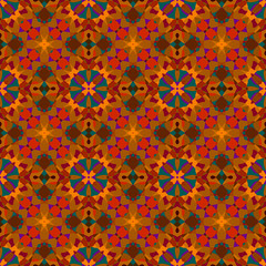 Seamless square bright pattern from geometrical abstract ornaments multicolored in red, orange and green shades. Vector illustration. Suitable for fabric, wallpaper or wrapping paper