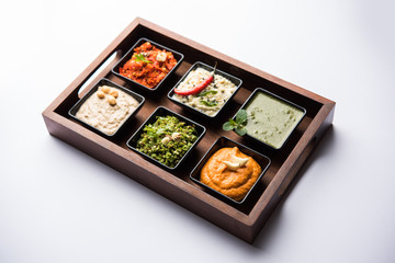 Group of Indian Chutneys includes coconut, Peanut, green and red chilly, garlic and pudina served in small square shape bowls. selective focus