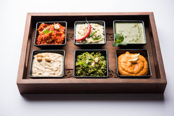 Group of Indian Chutneys includes coconut, Peanut, green and red chilly, garlic and pudina served in small square shape bowls. selective focus