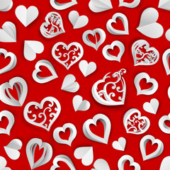 Seamless pattern of many paper volume hearts with holes and without, white on red