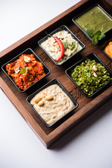 Group of Indian Chutneys includes coconut, Peanut, green and red chilly, garlic and pudina served in small square shape bowls. selective focus