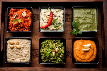 Group of Indian Chutneys includes coconut, Peanut, green and red chilly, garlic and pudina served in small square shape bowls. selective focus