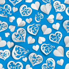 Seamless pattern of many paper volume hearts with holes and without, white on light blue