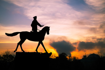Marshal Zhukov monument silhouette in Moscow at sunset
