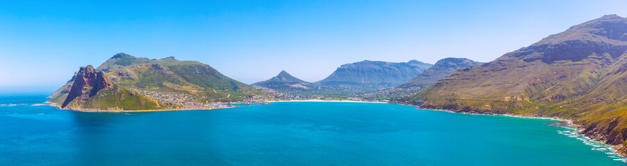 Fototapeta na wymiar Hout Bay panoramic image taken from Chapman's Peak drive scenic road near Cape Town, South Africa