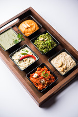 Group of Indian Chutneys includes coconut, Peanut, green and red chilly, garlic and pudina served in small square shape bowls. selective focus