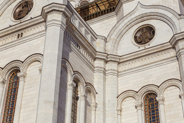Closeup view of Cathedral of Christ the Saviour facade in Moscow
