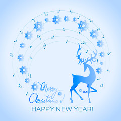 Winter deer. Musical holiday card. Poster, invitation card, a poster with a place for the text, musical notes and snowflakes. Christmas Concert for the New Year