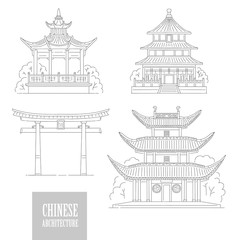 Vector set Chinese architectural landmarks. Oriental architecture black white line art gate pagoda and gazebo different traditional national buildings of China.