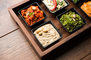 Group of Indian Chutneys includes coconut, Peanut, green and red chilly, garlic and pudina served in small square shape bowls. selective focus