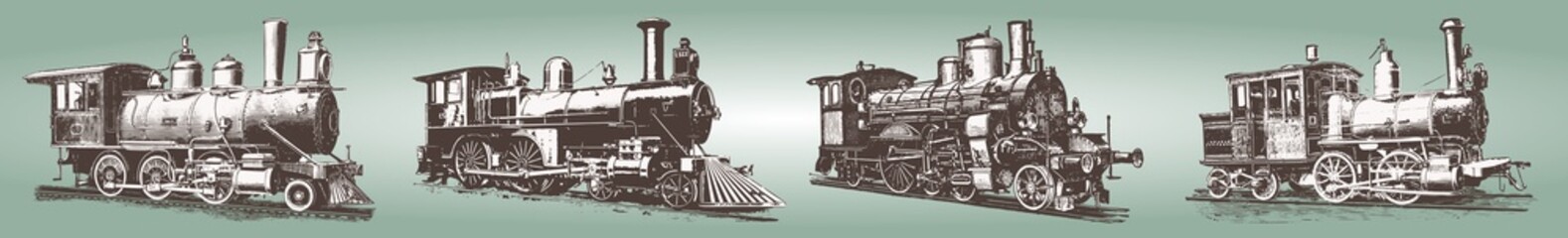 Fototapeta na wymiar Locomotive engine vintage railway set #vector – Lokomotiven Dampflokomotive Eisenbahn