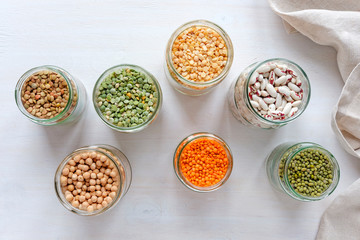 Assorted dried legumes and pulses in jars