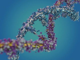 DNA molecule is located in front of a blue background. Abstract collage. 3D