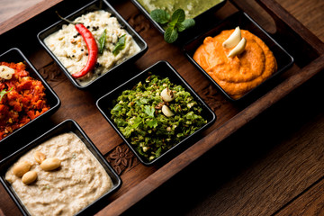 Group of Indian Chutneys includes coconut, Peanut, green and red chilly, garlic and pudina served in small square shape bowls. selective focus
