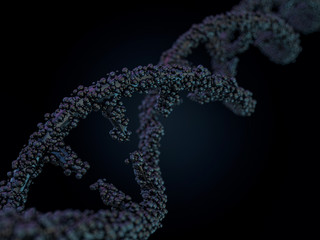 DNA molecule is located in front of a black background. Abstract collage. 3D